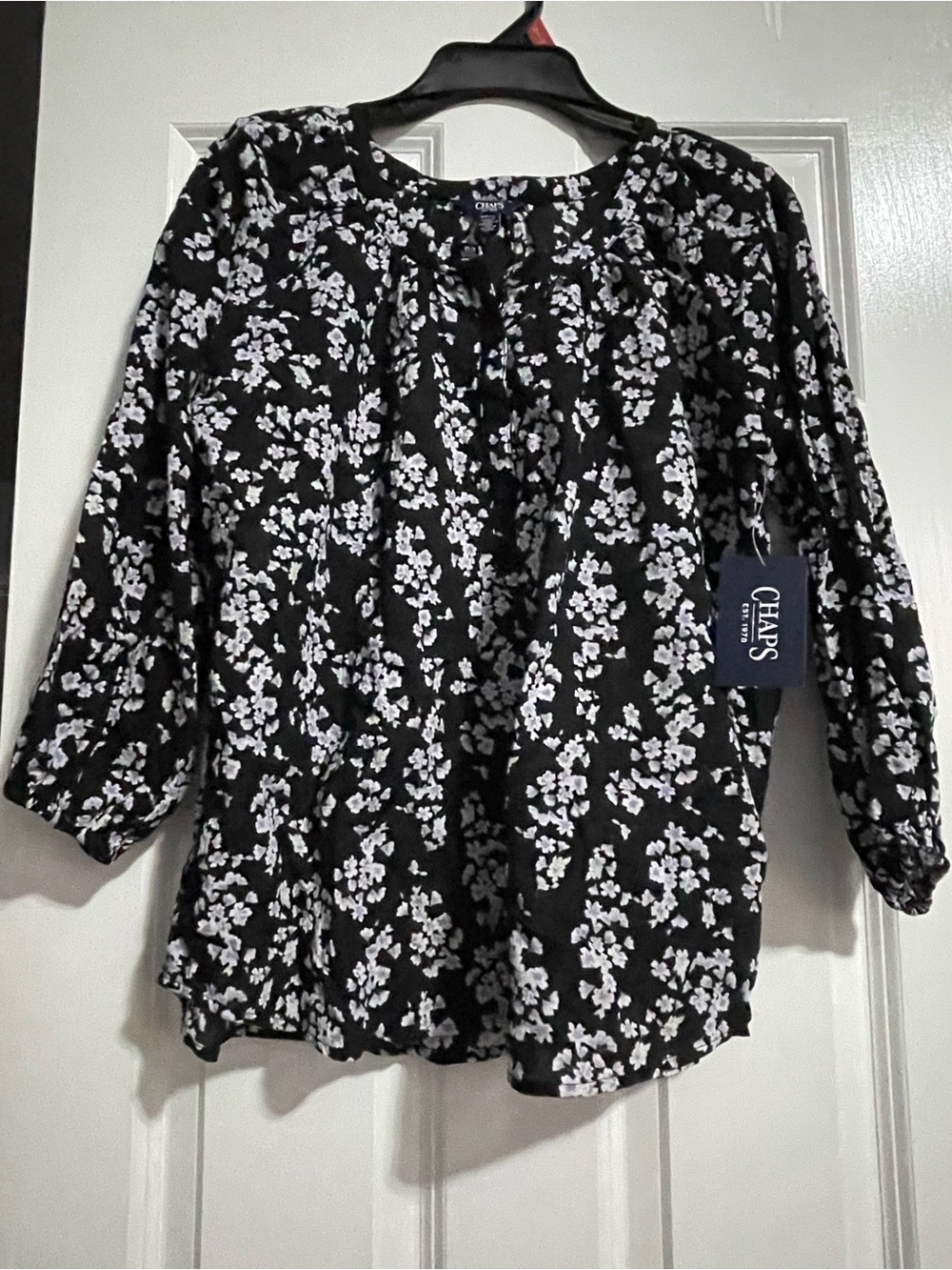 Chaps Black and White Floral Tie-Front Blouse